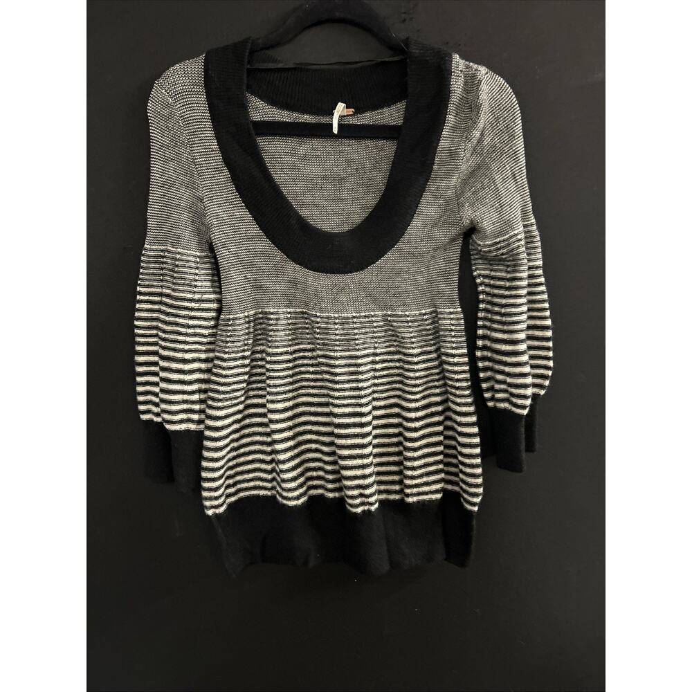 Free People Black White Striped Wool Blend Babydoll Sweater 3/4 Sleeve medium